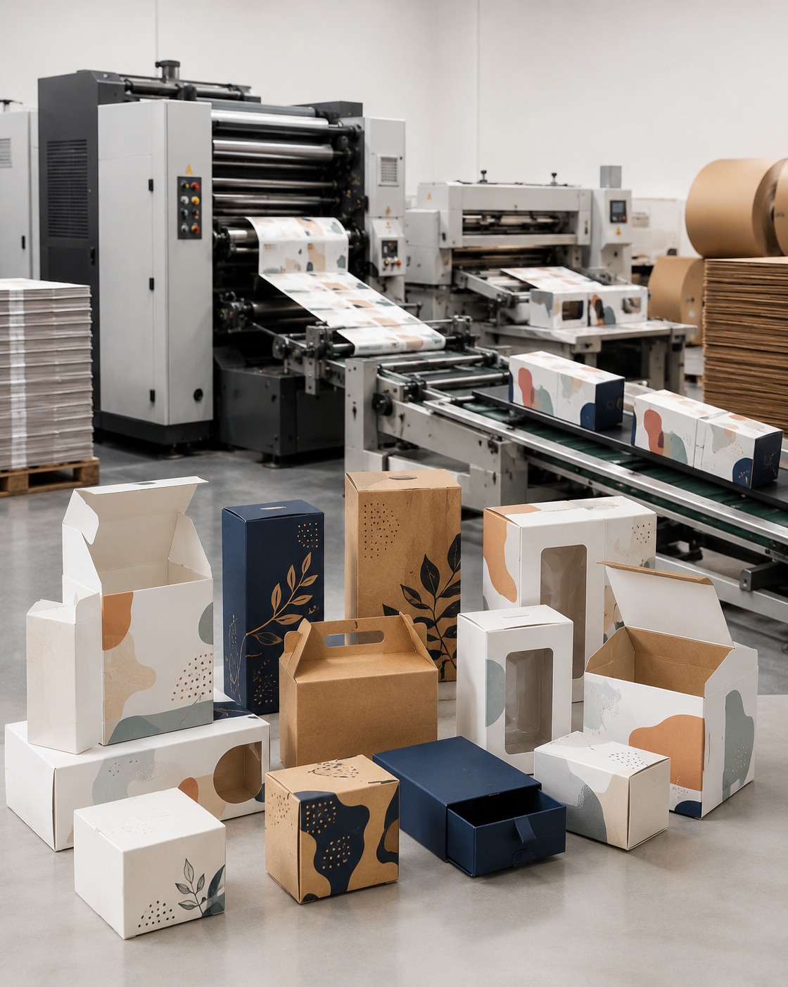 Printed paper packaging boxes prepared for manufacturing